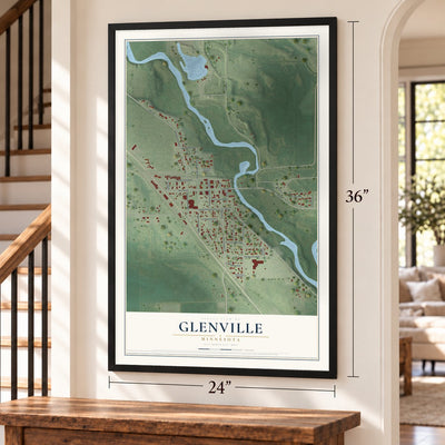 Glenville, Minnesota map, 24 x 36 inch print in a black frame by a staircase