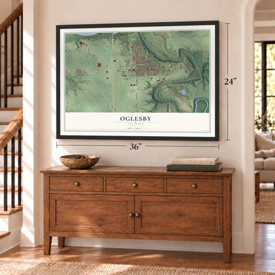 Oglesby, Illinois map, 24 x 36 inch print in a black frame above a dresser by a staircase