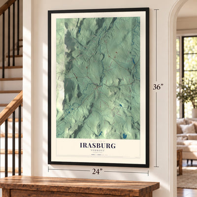 Irasburg, Vermont map, 24 x 36 inch print in a black frame by a staircase