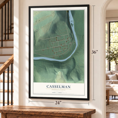Casselman, Pennsylvania map, 24 x 36 inch print in a black frame by a staircase