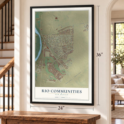 Rio Communities, New Mexico map, 24 x 36 inch print in a black frame by a staircase