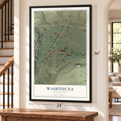 Washtucna, Washington map, 24 x 36 inch print in a black frame by a staircase