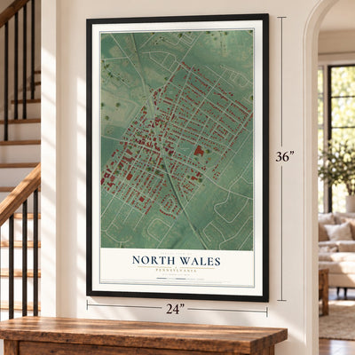 North Wales, Pennsylvania map, 24 x 36 inch print in a black frame by a staircase