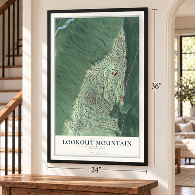 Lookout Mountain, Tennessee map, 24 x 36 inch print in a black frame by a staircase