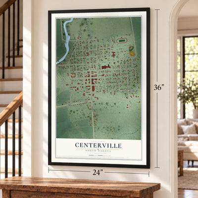 Centerville, South Dakota map, 24 x 36 inch print in a black frame by a staircase