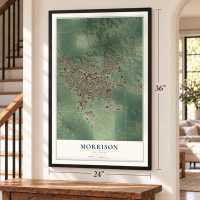 Morrison, Illinois map, 24 x 36 inch print in a black frame by a staircase