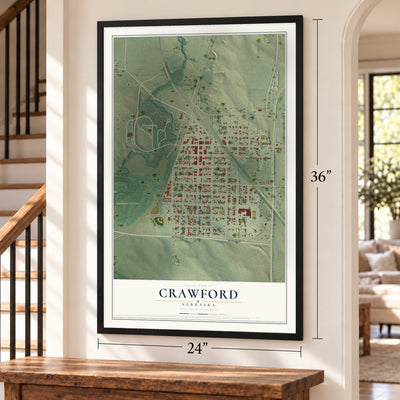 Crawford, Nebraska map, 24 x 36 inch print in a black frame by a staircase
