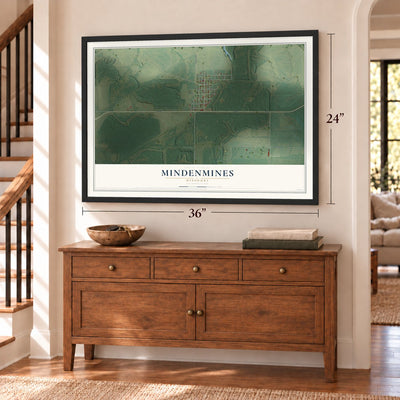 Mindenmines, Missouri map, 24 x 36 inch print in a black frame above a dresser by a staircase