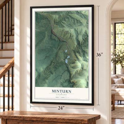Minturn, Colorado map, 24 x 36 inch print in a black frame by a staircase