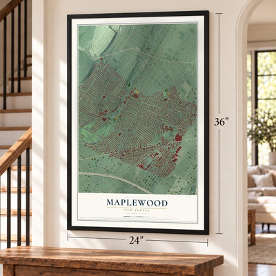 Maplewood, New Jersey map, 24 x 36 inch print in a black frame by a staircase
