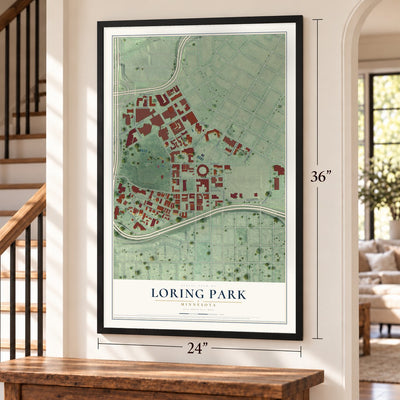 Loring Park, Minnesota map, 24 x 36 inch print in a black frame by a staircase