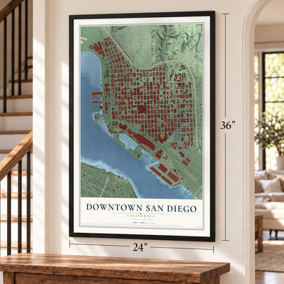 Downtown San Diego, California map, 24 x 36 inch print in a black frame by a staircase