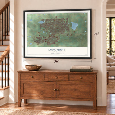 Longmont, Colorado map, 24 x 36 inch print in a black frame above a dresser by a staircase