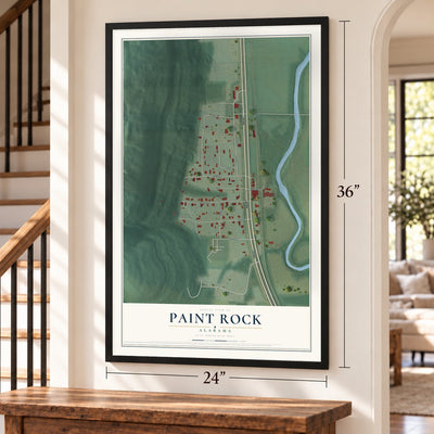 Paint Rock, Alabama map, 24 x 36 inch print in a black frame by a staircase