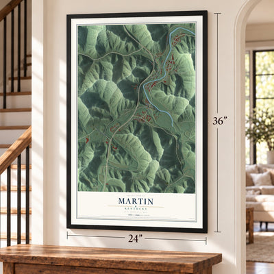 Martin, Kentucky map, 24 x 36 inch print in a black frame by a staircase