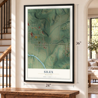 Silex, Missouri map, 24 x 36 inch print in a black frame by a staircase