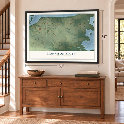 Morrison Bluff, Arkansas map, 24 x 36 inch print in a black frame above a dresser by a staircase