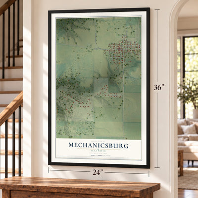 Mechanicsburg, Illinois map, 24 x 36 inch print in a black frame by a staircase