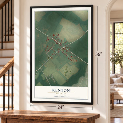 Kenton, Delaware map, 24 x 36 inch print in a black frame by a staircase
