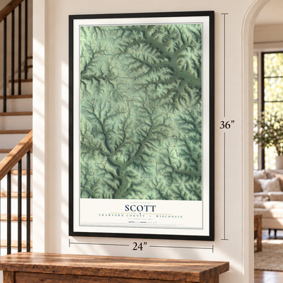 Scott, Crawford County, Wisconsin map, 24 x 36 inch print in a black frame by a staircase