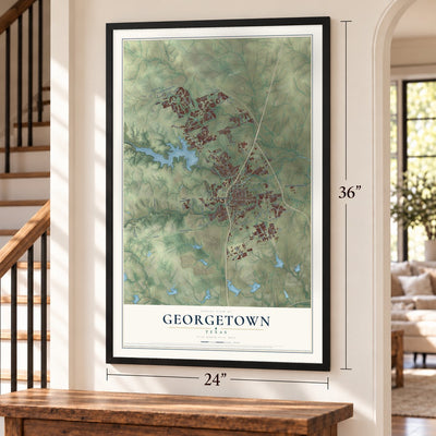 Georgetown, Texas map, 24 x 36 inch print in a black frame by a staircase