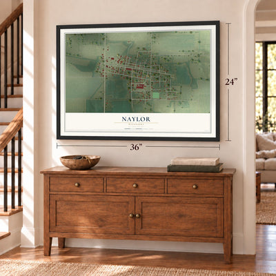 Naylor, Missouri map, 24 x 36 inch print in a black frame above a dresser by a staircase