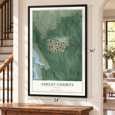 Ashley Courts, Georgia map, 24 x 36 inch print in a black frame by a staircase