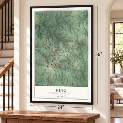 King, North Carolina map, 24 x 36 inch print in a black frame by a staircase
