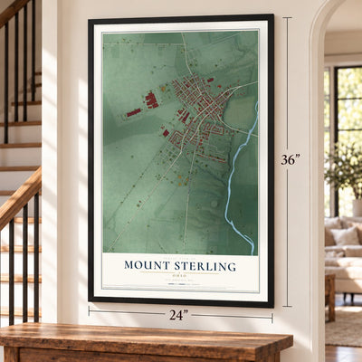 Mount Sterling, Ohio map, 24 x 36 inch print in a black frame by a staircase