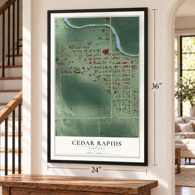 Cedar Rapids, Nebraska map, 24 x 36 inch print in a black frame by a staircase