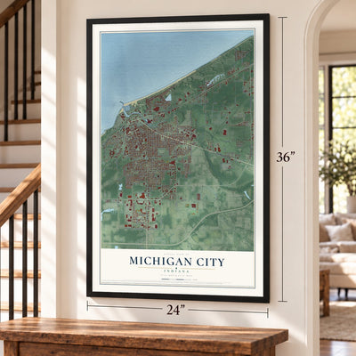 Michigan City, Indiana map, 24 x 36 inch print in a black frame by a staircase