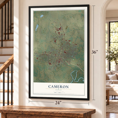 Cameron, Texas map, 24 x 36 inch print in a black frame by a staircase