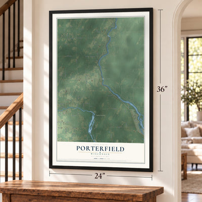 Porterfield, Wisconsin map, 24 x 36 inch print in a black frame by a staircase