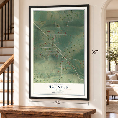 Houston, Arkansas map, 24 x 36 inch print in a black frame by a staircase