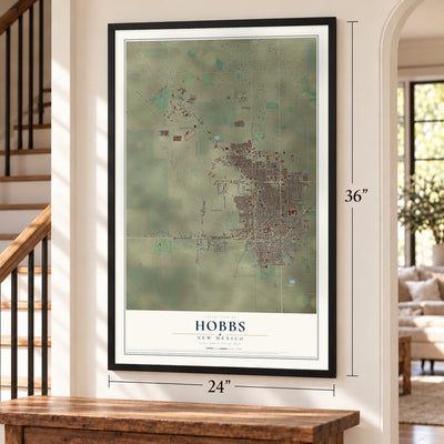Hobbs, New Mexico map, 24 x 36 inch print in a black frame by a staircase