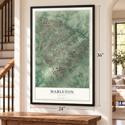 Mableton, Georgia map, 24 x 36 inch print in a black frame by a staircase