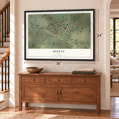Hedley, Texas map, 24 x 36 inch print in a black frame above a dresser by a staircase