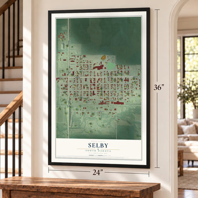 Selby, South Dakota map, 24 x 36 inch print in a black frame by a staircase