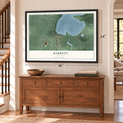 Barrett, Minnesota map, 24 x 36 inch print in a black frame above a dresser by a staircase
