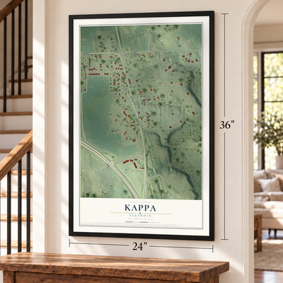 Kappa, Illinois map, 24 x 36 inch print in a black frame by a staircase