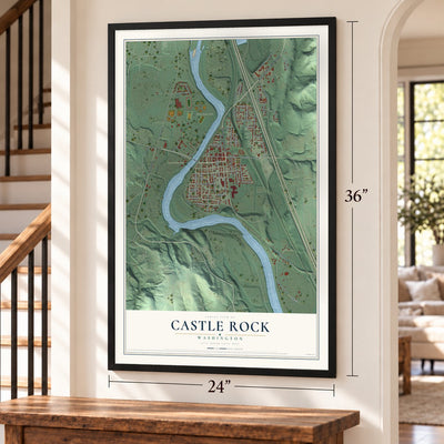 Castle Rock, Washington map, 24 x 36 inch print in a black frame by a staircase