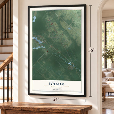 Folsom, New Jersey map, 24 x 36 inch print in a black frame by a staircase