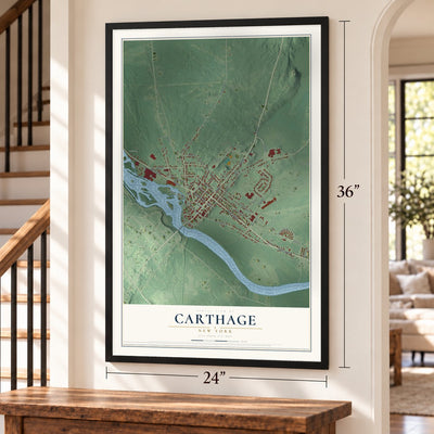 Carthage, New York map, 24 x 36 inch print in a black frame by a staircase