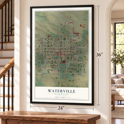 Waterville, Washington map, 24 x 36 inch print in a black frame by a staircase