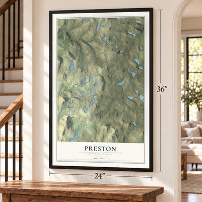 Preston, Pennsylvania map, 24 x 36 inch print in a black frame by a staircase