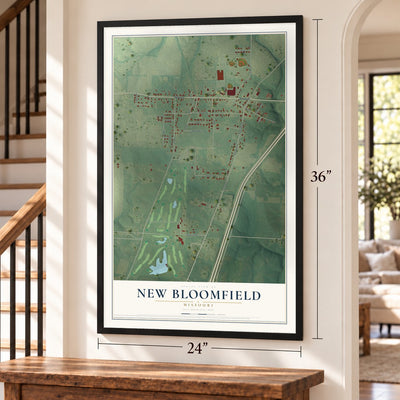 New Bloomfield, Missouri map, 24 x 36 inch print in a black frame by a staircase