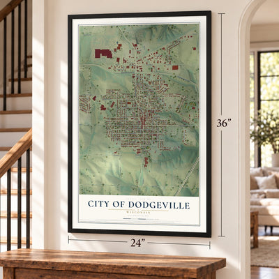 Dodgeville, Wisconsin map, 24 x 36 inch print in a black frame by a staircase