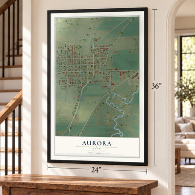 Aurora, Utah map, 24 x 36 inch print in a black frame by a staircase