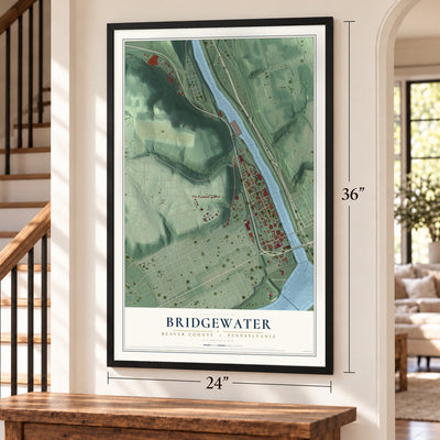Bridgewater, Beaver County, Pennsylvania map, 24 x 36 inch print in a black frame by a staircase