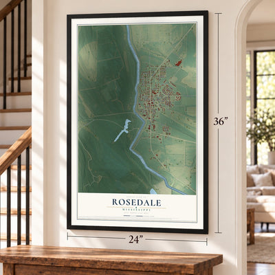 Rosedale, Mississippi map, 24 x 36 inch print in a black frame by a staircase
